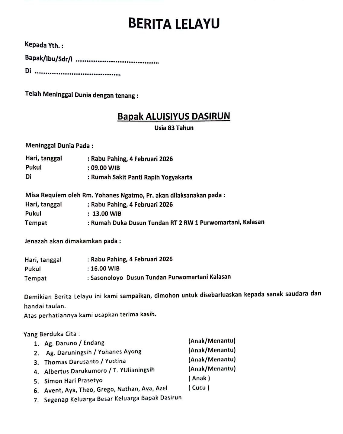 Berita Duka Cita: Bapak ALUISIYUS DASIRUN (83 Tahun)